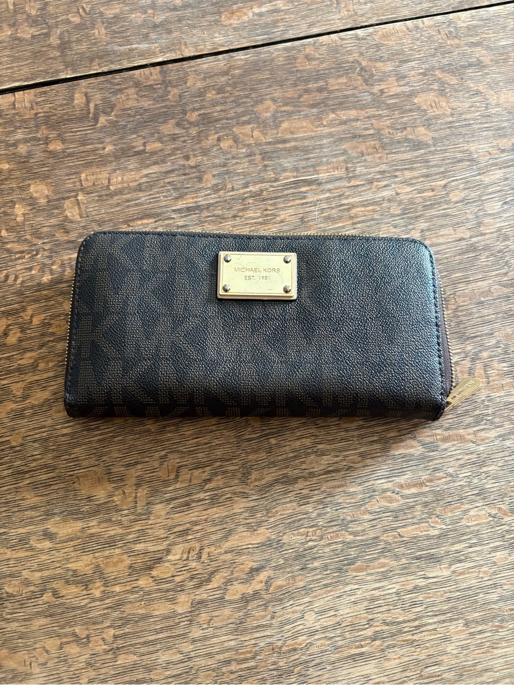 Michael Kors Black Signature Zip Wallet with Gold Plaque